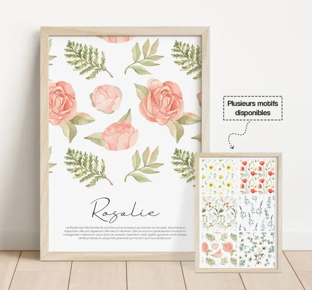 Papeterie Créative Affiche prénom rose fleurs aquarelle