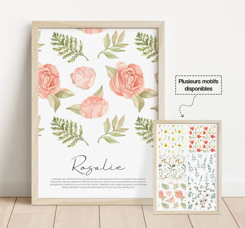 Papeterie Créative Affiche prénom rose fleurs aquarelle