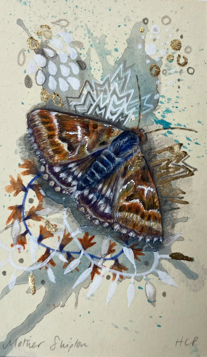 Helena Perry Mother Shipton miniature aquarelle 8,5x13,5 cm dorée