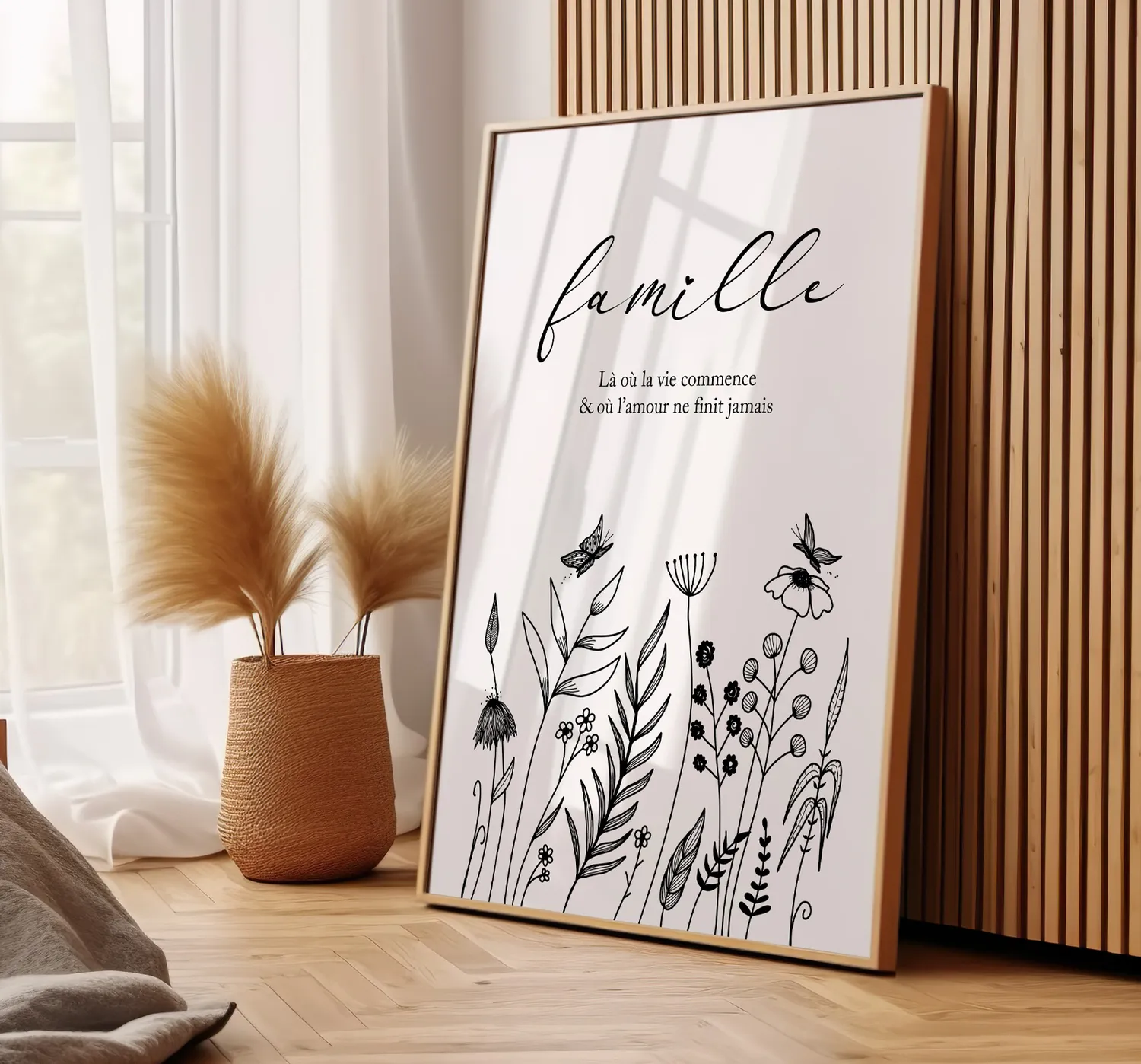 Papeterie Créative citation famille affiche vie commence fleurs noires