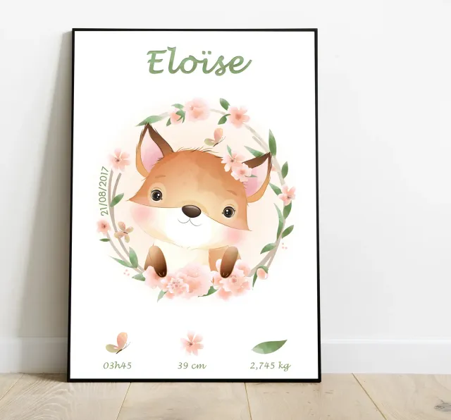 Papeterie Créative Naissance Renard Fleurs affiche prénom pastel